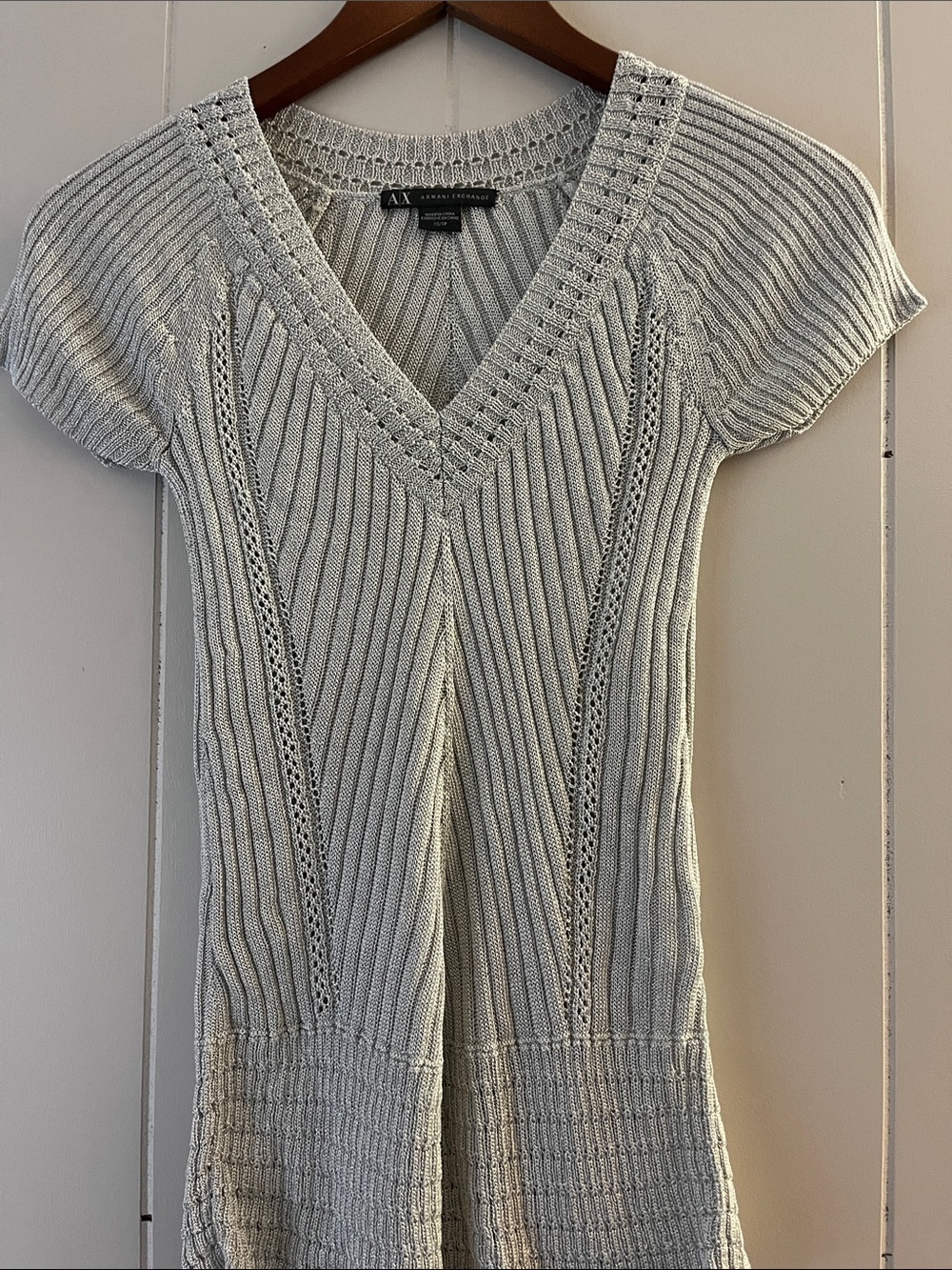 A/X Armani Exchange Light Gray Ribbed V-Neck Short Sleeve Sweater Dress